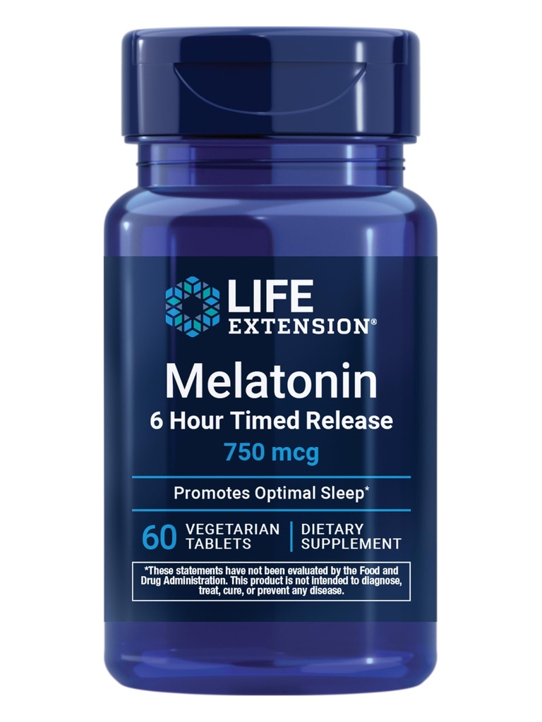 Life Extension Melatoniini 6 tunnin ajastettu julkaisu, 750 mikrog, laajennettu release Formula Gentle Sleep Support, Terve circadian Rhythms, Cellular Defense, Gluteeniton, ei-GMO, kasvissyöjä, 60 tablettia
