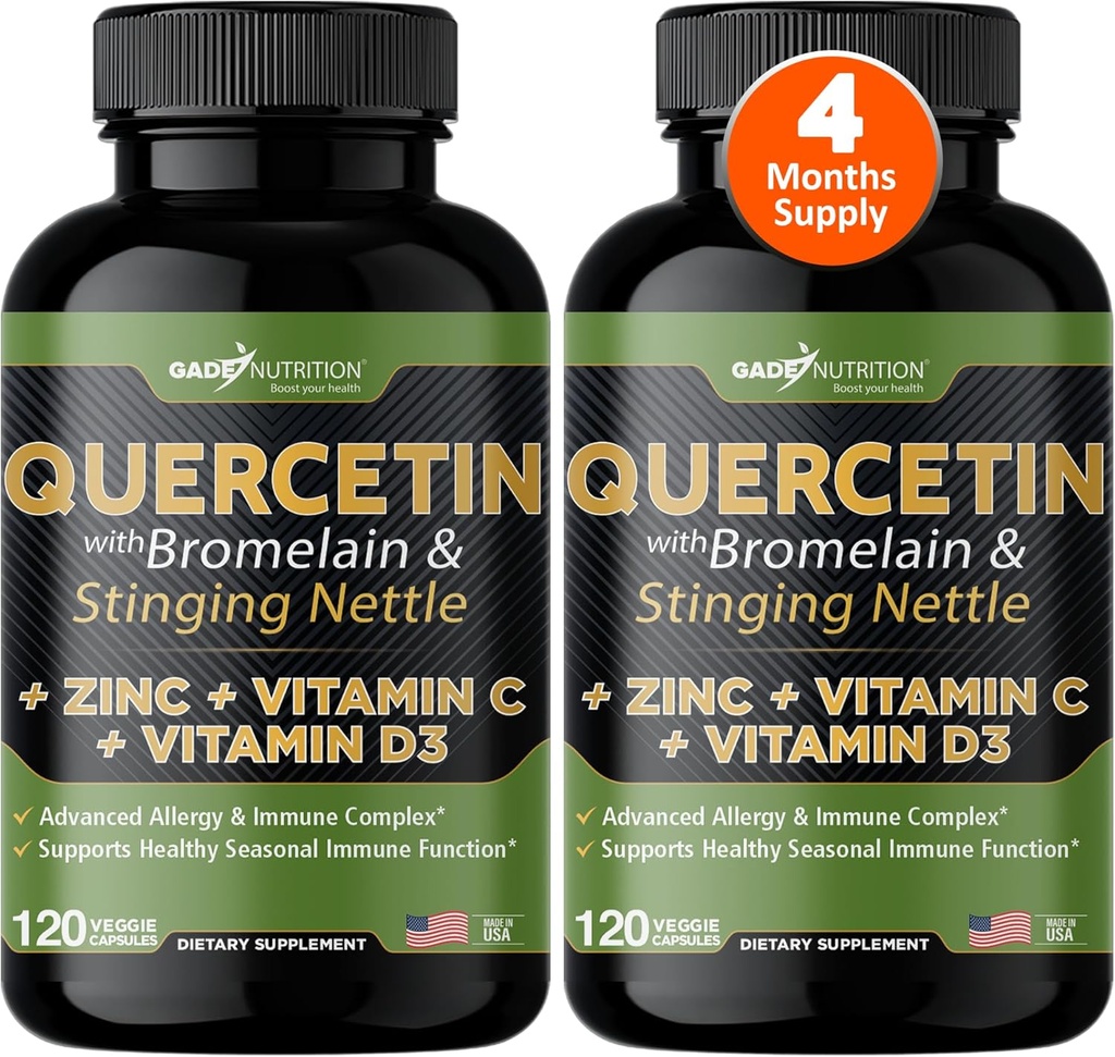 Gade Nutrition Quercetin C-vitamiinin ja sinkin kanssa - Nettle Quercetin - Quercetin 500 mg - Quercetin bromeliinin kanssa - Sinkki Quercetin + D3-240-vitamiinin kasviskapselit - ei GMO:ita - 4 kuukauden tarjonta