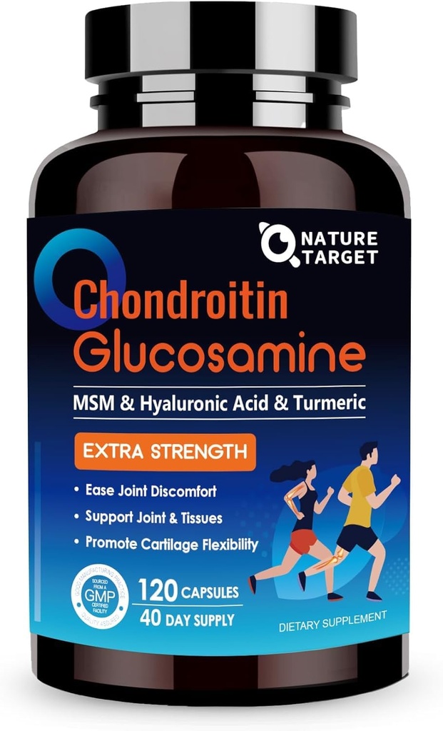 NATURAL TARGET Glukosamiini Chondroitin MSM, Joint Support Supplement, Shellfish Free, Turmeric Boswellia, Hyaluronic Acid, Collagen, Calium Cartilage ja Bone Health,120 kapselia, 40 tarjoilua