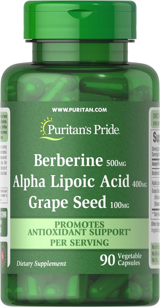 Puritans Pride Berberine, Alpha Lipoic Acid & Grape Seed, främjar antioxidantstöd, 90 grönsaks kapslar