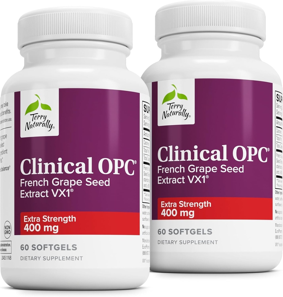 Terry Naturally Clinical OPC Extra Strength - Cardiovascular Health & Focus Support - Tillägg med Grape Seed Extract - Immun Support Supplement - 60 Softgels (Pack of 2)