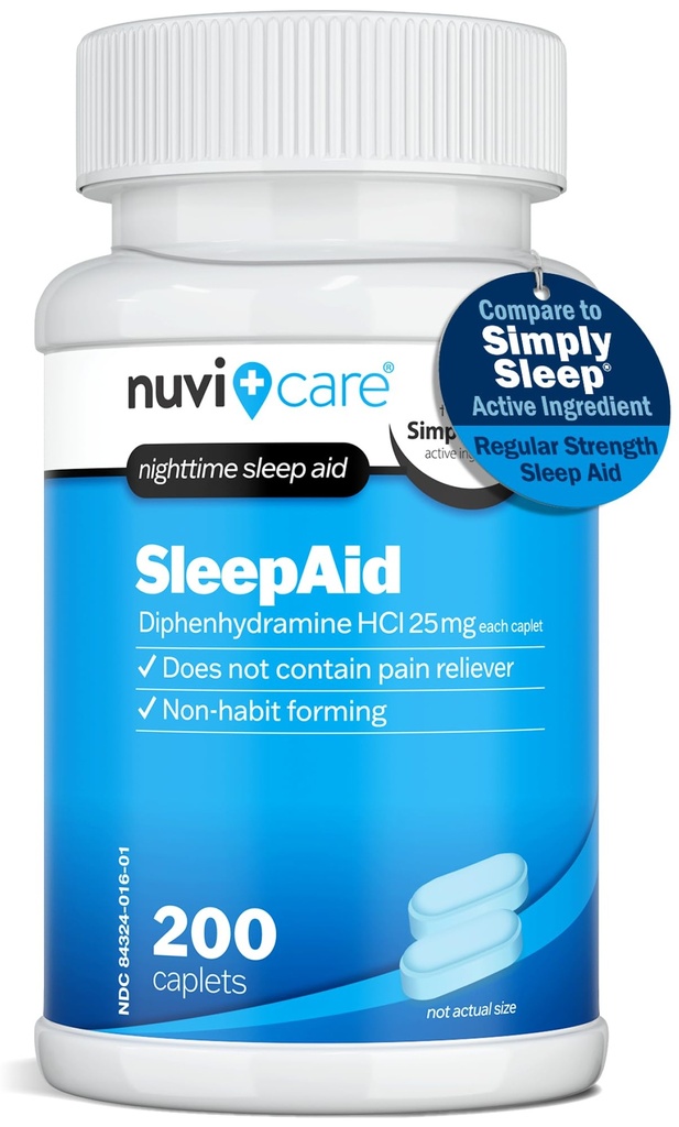 Nighttime uniapu Difenhydramiini HCl 25 mg - Non Habit Forming Säännöllinen vahvuus Unilääkkeitä aikuisille - Ei sisällä kipua Reliever - OTC unilääkkeitä aikuisille (200 Caplets)