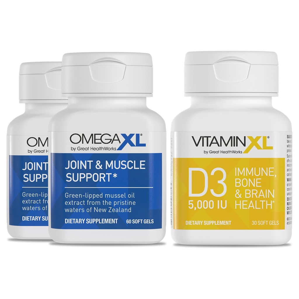 OmegaXL Joint Support Supplement - Natural Muscle / Immune Support, 60 Softgels (2 Pack) & VitaminXL D3 High Potency Daily Vitamin D 5000 IE 125mcg Supplement (30 Softgels)