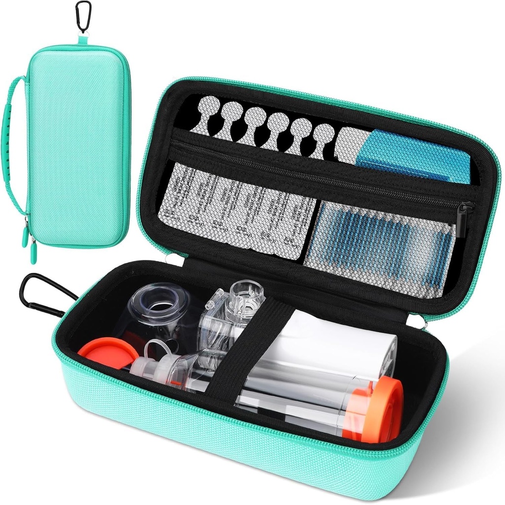 Astma-inhalaattori tapauksessa, Kannettava sumutin Järjestin, Travel-Ready kanssa Mesh Pocket, Double Zippers, Silicone Kahva, Lapset ja Aikuiset, Tyylikäs vihreä