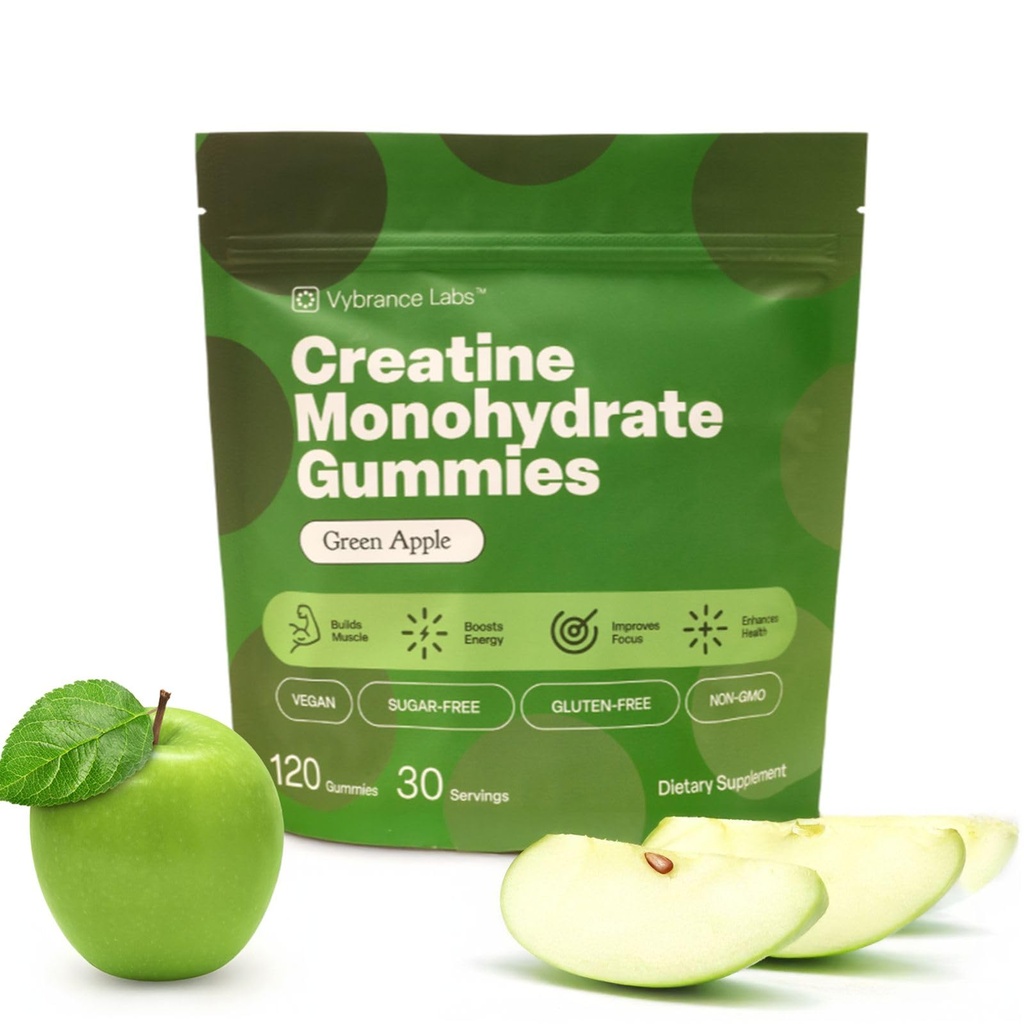 Kreatiini Gummies 5g Monohydraatti + Tauriini & B12 - Sokeriton, vegaaninen, gluteeniton - Vihreä omena - 120
