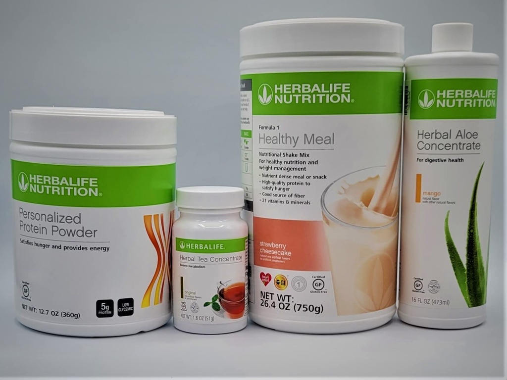 HERBALIF Formel 1 Four Combo (Strawberry Cheesecake 750g) Hälsosam närings Shake Mix-Herbal Aloe Concentrate Pint 473ml-PERSONALIZED Proteinpulver 360g och Herbal Tea Concentrate 51g