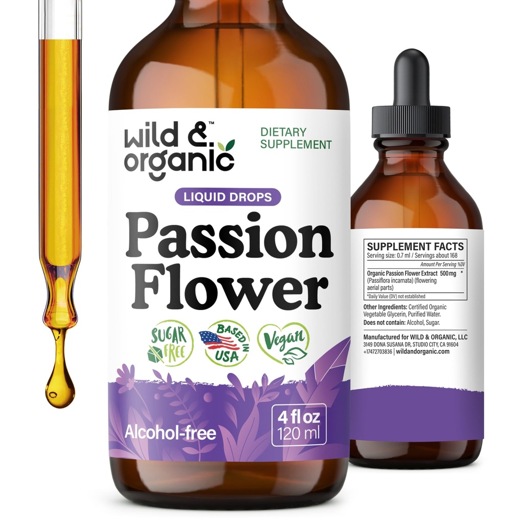 Wild & Organic Passion Flower Tincture - Mood Support - Calming Passionflower Supplement - Passiflora Incarnata Liquid Extract - Vegaani, sokeri ja alkoholittomia Herb Drops - 4 fl oz