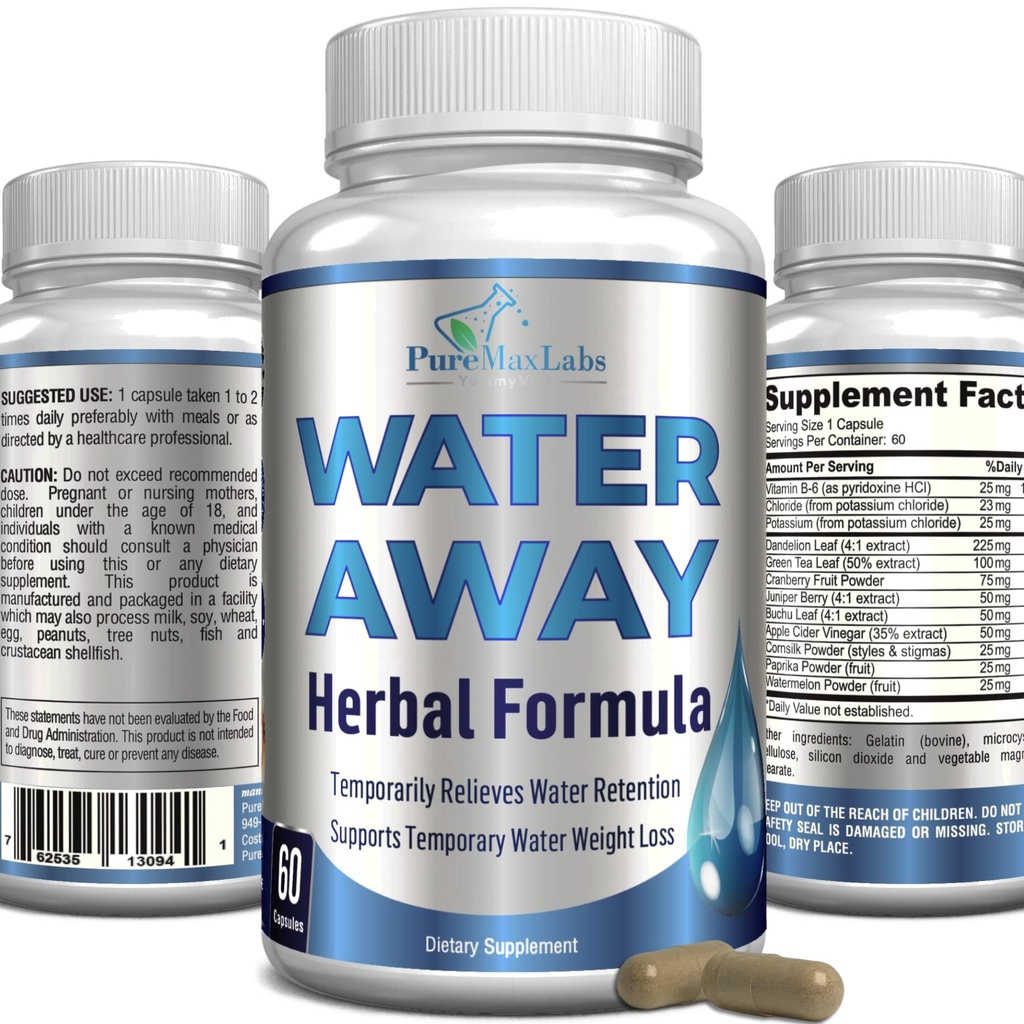 Water Away Gentle Herbal Diuretic - Natural Diuretic Water Pills - Relieve Bloating, Reduce Excess Water Weight med Dandelion Leaf, Green Tea, Detox Cleanse & Urinary Health. Icke-GMO, 60 kapslar