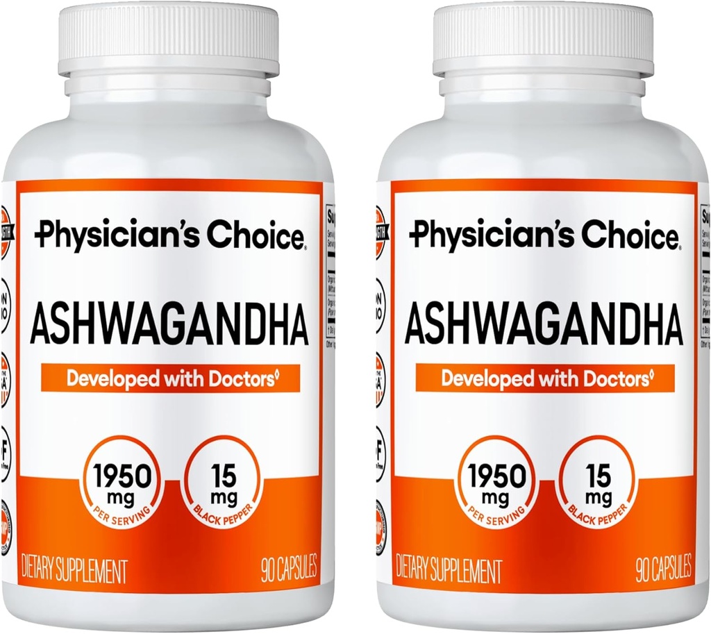 Lääkärin valinta Ashwagandha 1950mg Organic Ashwagandha juurijauhe Black Pepper Extract, Stressi tuki, Mielialan tuki täydentää, 90 Veggie Ashwagandha kapselit - 2 PCK