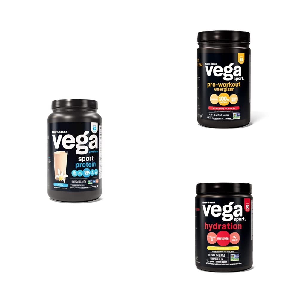 Vega Sport Rutine Bundle - Premium Vanilla Protein Powder (20 tarjoilua) Mansikka Lemonade Preworkout Energizer (25 tarjoilua) ja Lemonade Electrolyte Hydration (50 tarjoilua)