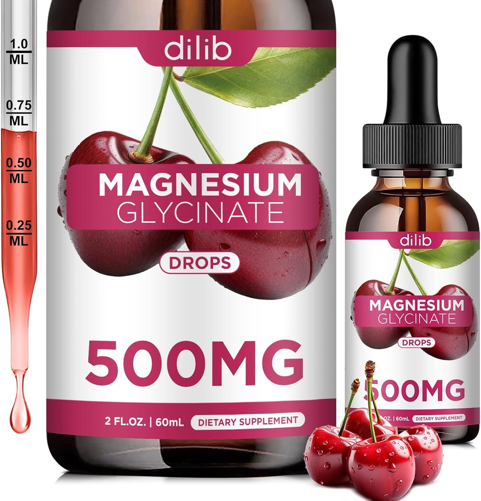 Magnesium Glycinate Supplement, Magnesium Glycinate Liquid Drops 500 mg kalsium, sinkki, B6-vitamiini, D3, L-Theanine, Omega 3 uni, mieliala, stressi helpotus, luu, lihas, kirsikka maku