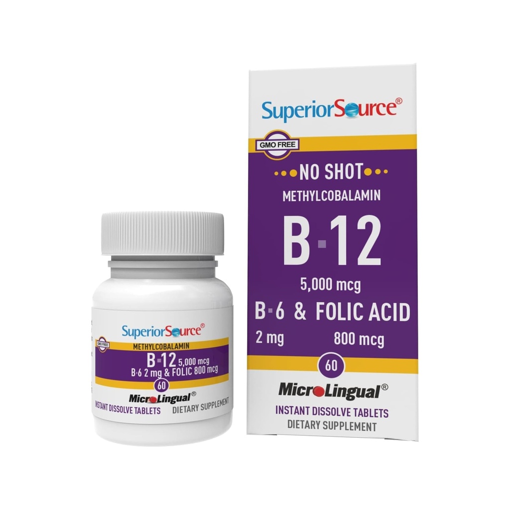 Superior Source No Shot Vitamiini B12 Metyylikobalamiini (5000 mikrog), B6, Foolihappo, Nopea liuottaminen Sublingual Tabletit, 60 Ct, lisätä energiaa, terve sydän, Boost Aineenvaihdunta, Stressi tuki, ei-GMO
