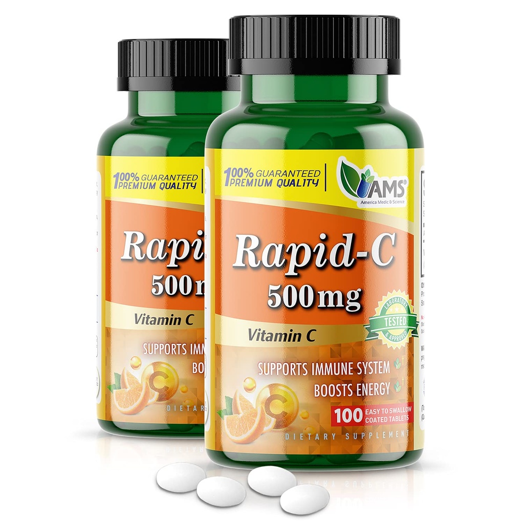 America Medic & Science Rapid-C 500 mg C-vitamiinin täydennysosa (2 pakkaus 100 tablettia) Energy Booster, Päivittäinen immuunijärjestelmän tuki, antioksidantti 