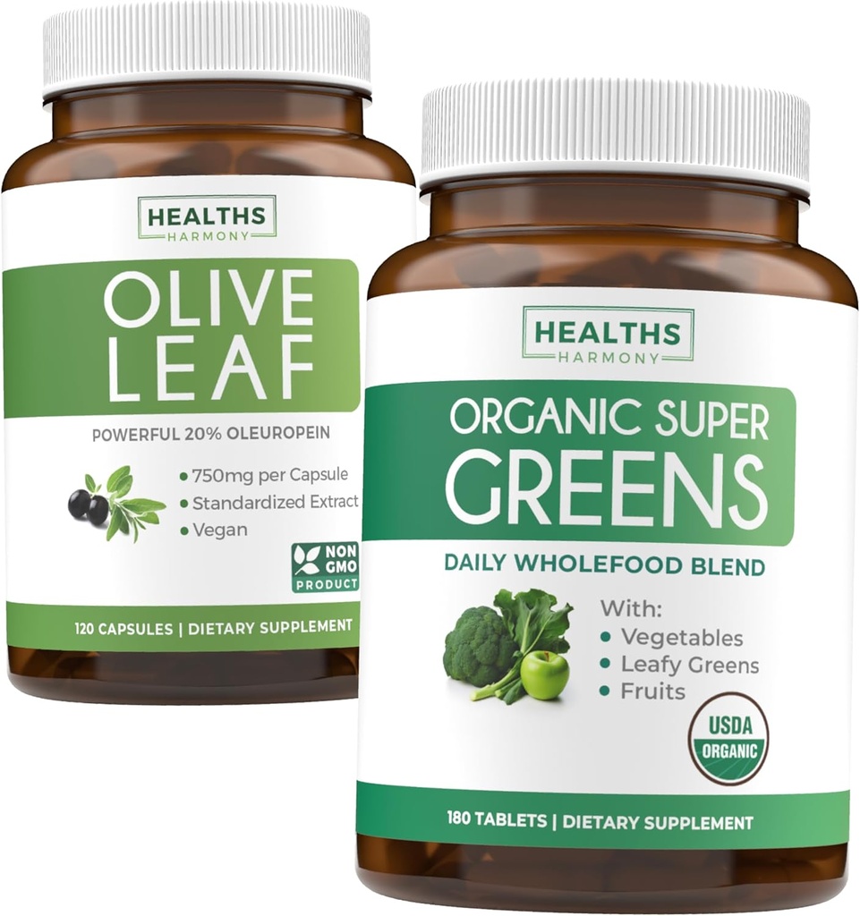 Olive Leaf Extract & Organic Super Greens (4-Kuukauden toimitus) Puhdas Plant Power Bundle Olive Leaf Extract (120 kapselia) Super Strength & Organic Super Greens (180 Tabets) Luomu Superfood