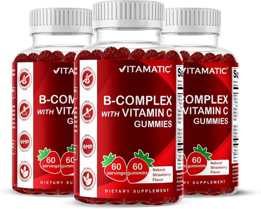 Vitamiini B-vitamiini Complex Gummies kanssa C-vitamiinia ja inositolia - Natural Mansikka maku - 60 Gummies (3 pullot)