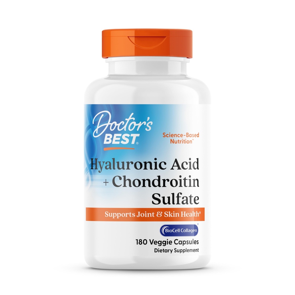 Doctor's Best Hyaluronic Acid with Chondroitin Sulfate, Featuring BioCell Collagen, Ei-GMO, Gluteeniton, soijaton, Joint Support, 180 Count (Pack of 1)