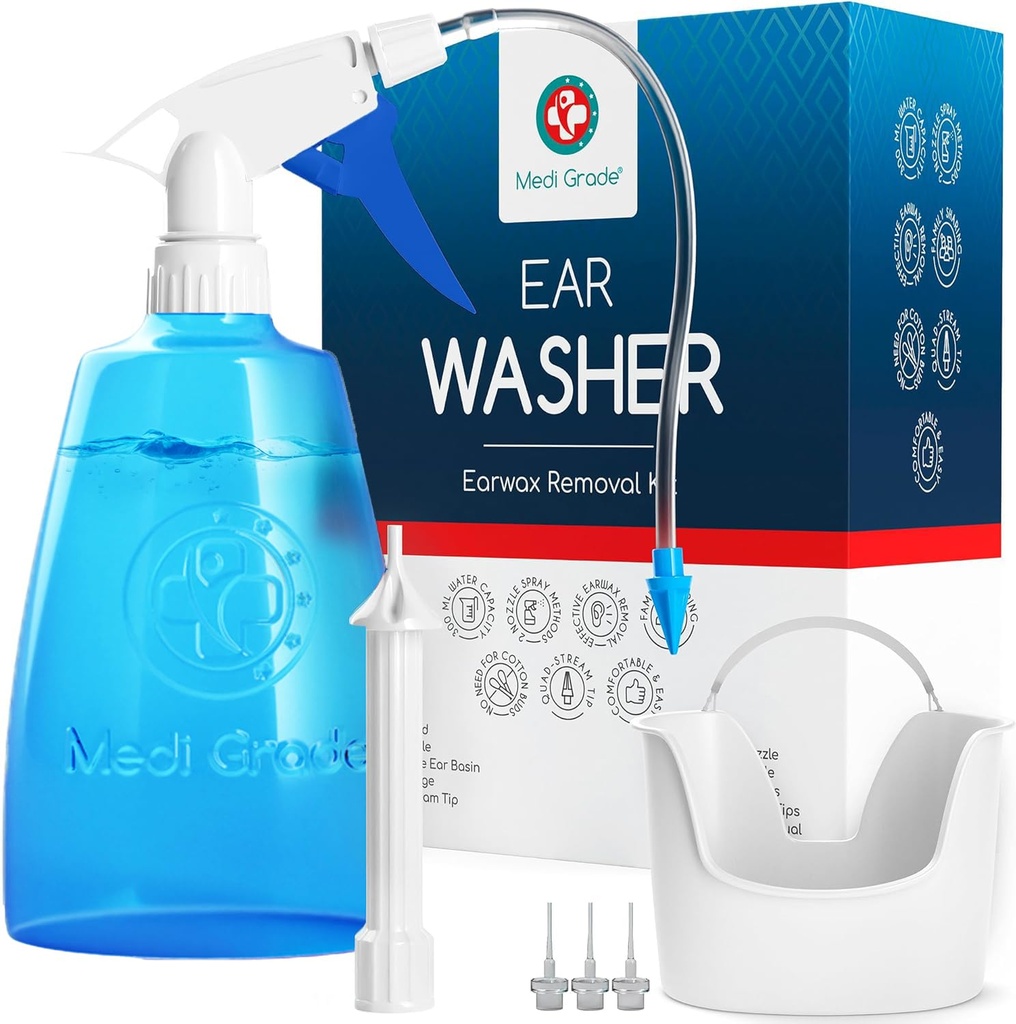 Medi Grade Ear Cleaning Kit Inklusive Ear Cleaner Bottle, Basin med Quad-Stream tips - Earwax Removal Kit för förbättrad hörsel Clarity - Ear Wax Removal Tool för öronhygien