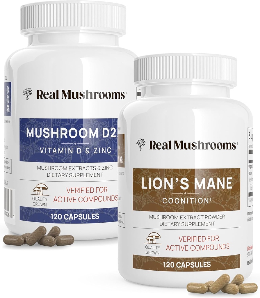 Real Sienet D2-vitamiini, Sinkki, Chaga, Reishi (120ct) ja Lion's Mane (120ct) Bundle - Immuniteetti ja kognitiivinen tuki, kelated Sinkki parempaan imeytymiseen - Vegaani, Gluteeniton, ei-GMO