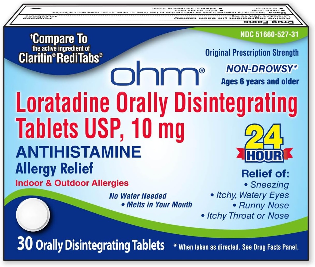 Ohm Loratadine 10 mg Allergy Medicine - Non Drowsy Allergy Relief, 24 tuntia antihistamiinia, suun kautta hajoavia tabletteja, tehokas helpotus, ikäisille 6 ja jopa - 30