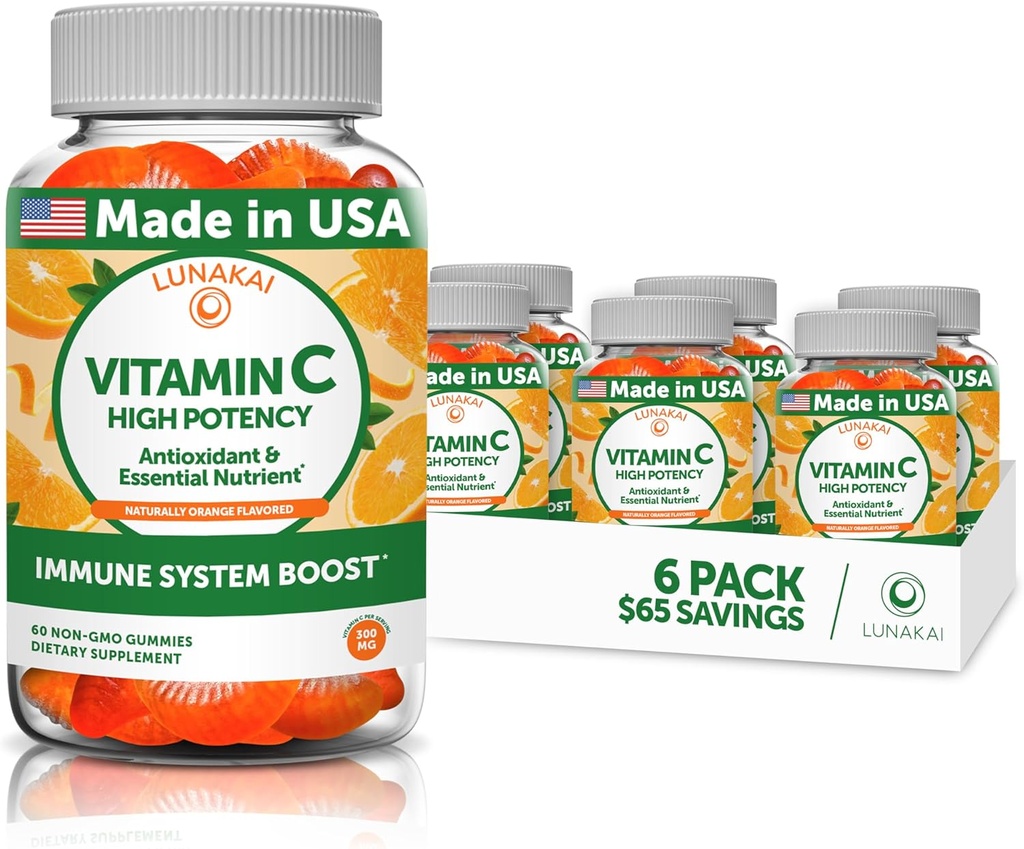 Lunakai C-vitamiini Gummies aikuisille ja lapsille - Organic VIT C Vegan pureskeltavat Gummy Vitamiinit - 250 mg Aikuiset, lapset, Toddler Chews - 6 pakkaus