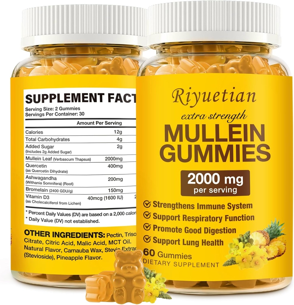 Müllein Gummies, 2000mg Organic Mullein Leaf Extract kirkas keuhkot, boost hengitysteiden ja ruoansulatuskanavan, immuuni Booster aikuisille ja lapsille, Allergia Friendly, ei-GMO, 60 Gummies
