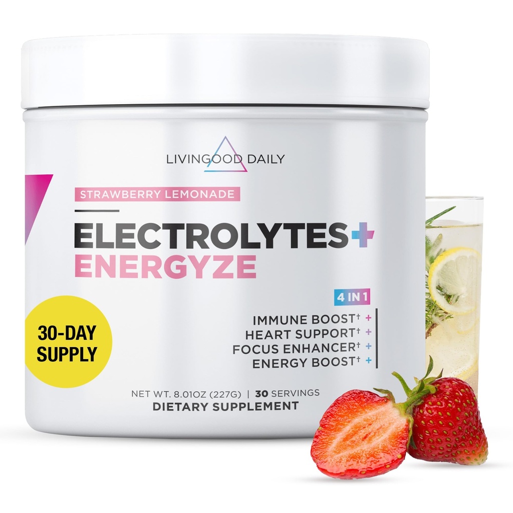 Livingood Daily Electrolytes Powder, Elektrolyytit Hydraation Powder with C-vitamiini, tauriini, D Ribose & FOS, Sokeriton Elektrolyytti Drink Mix, Keto, Gluteeniton, mansikkasitruunamehu, 30 tarjoilua