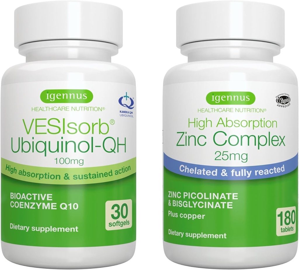 VESIsorb Ubiquinol-QH + Zink Complex Bundle för fertilitet, Fast-Acting Advanced CoQ10 100mg + 25mg Chelated Zink, av Igennus