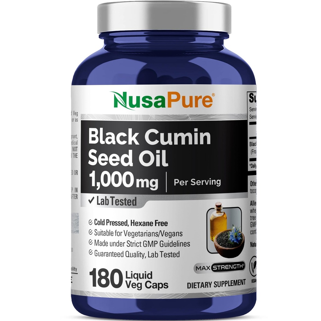 NusaPure Musta siemenöljy 1000 mg per Tarjoilu 180 Softgel kapselit (ei-GMO, kasvissyöjä) Kylmäpainettu Neitsyt Nigella Sativa. Heksaanivapaa