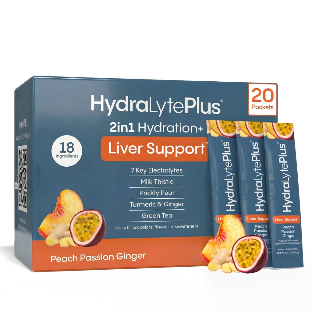 Hydralyte Liver Support + Electrolyte Mix maito Thistle, Turmeeric, Inkivääri, Ruusupäärynä, Vihreä teeuute Formuloitu nopea nesteytys (Peach Passion Inkivääri, 20 Packets)