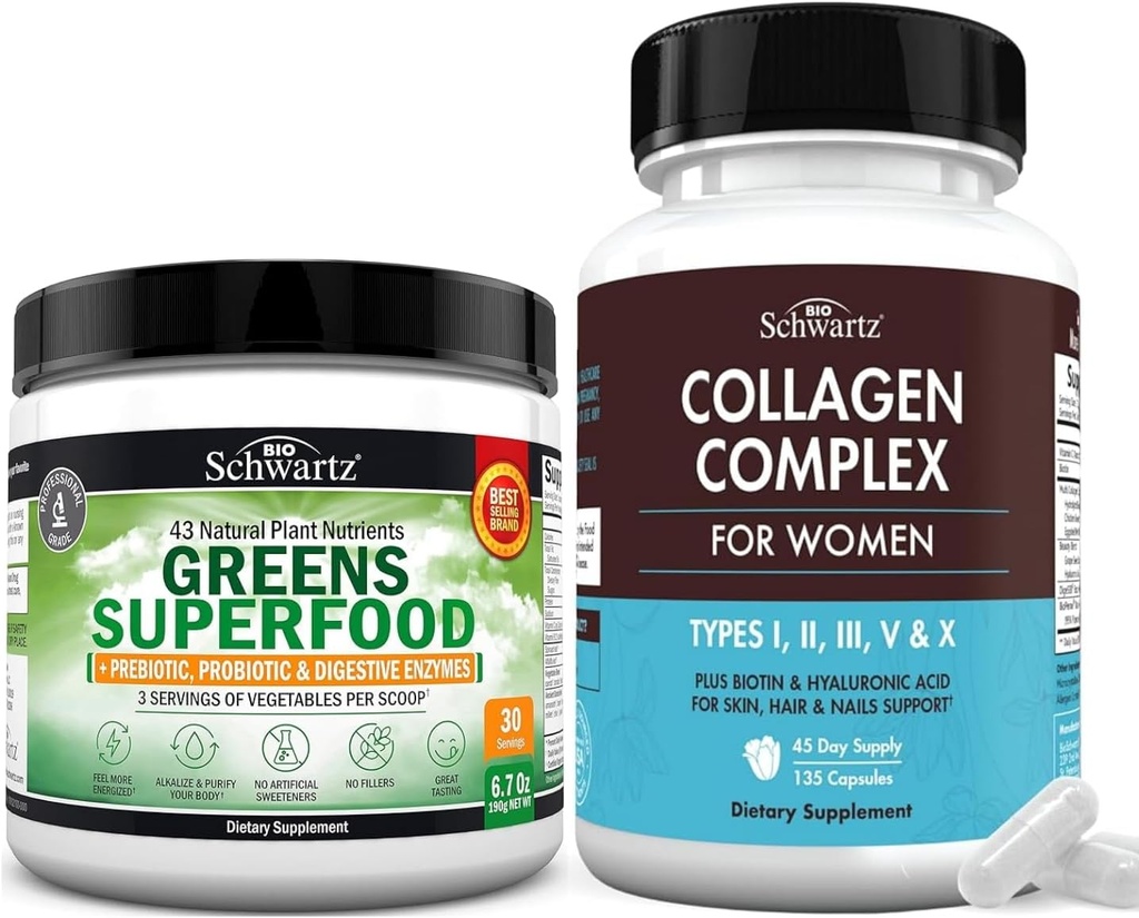 Super Greens Powder with Probiootit Prebiootit ja digestiivinen Enzymes (30 Servings) Plus Hydrolyzed Collagen Peptide Kapselit (45 päivän toimitus)