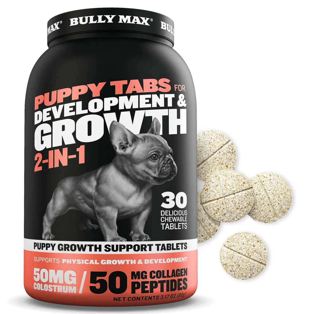 Bully Max 2-i-1 valp vitaminer - 30 tuggbara tabletter för utveckling och tillväxt av valpar - hund behandlar, vitamin och tillskott för små hundar och stora rasväxande valpar - kan användas som mat topper