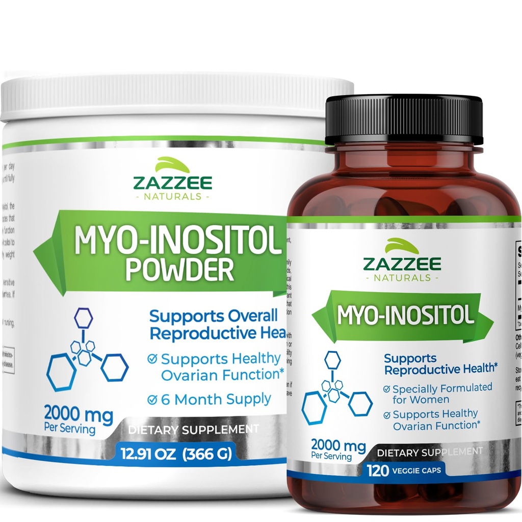 Zazzee Myo-Inositol-kapselit ja Myo-Inositoli-jauhe, 100% puhdasta, Premium-laatuista, vegaanista, ei-muuntogeenistä ja kaikki luonnolliset