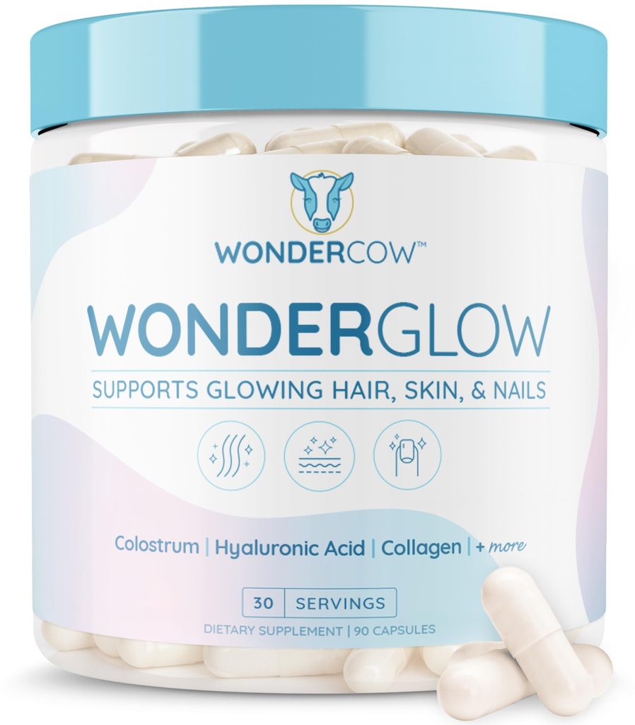 WONDERCOW hiukset iho ja kynnet vitamiineja w/Bovine Colostrum, Collagen, Hyaluronic Acid, Biotiini, sinkki, & Lactoferriini.Tukee nopeampaa hiusten kasvua, vahvemmat kynnet ja hehkuva iho (30 tarjoilua, kapseli)
