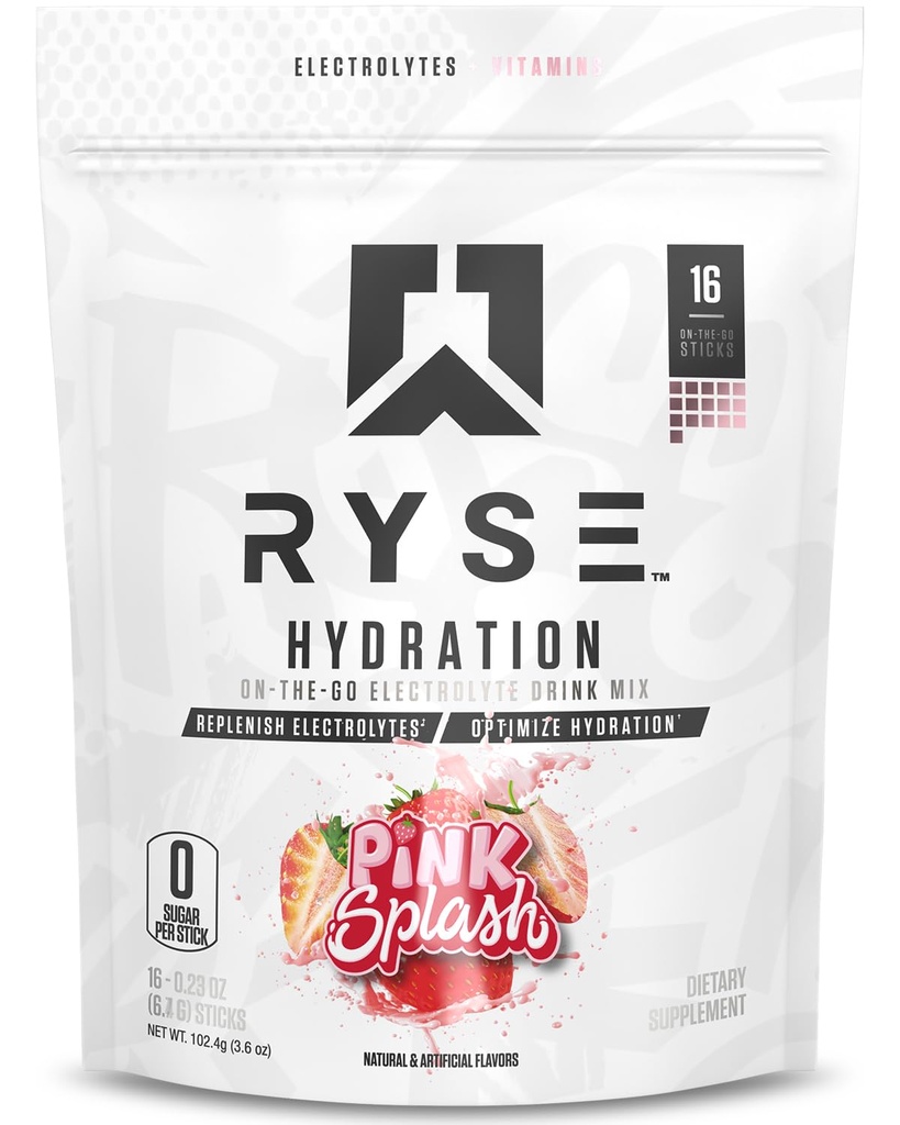 RYSE Hydraation Elektrolyyttijauhe Mix Packets - Vaaleanpunainen roiske - Sokeriton täystaajuus Elektrolyyttejä Essential Vitamiinit, Tauriini ja Koliini nesteytys - 16 Tarjoilutikut