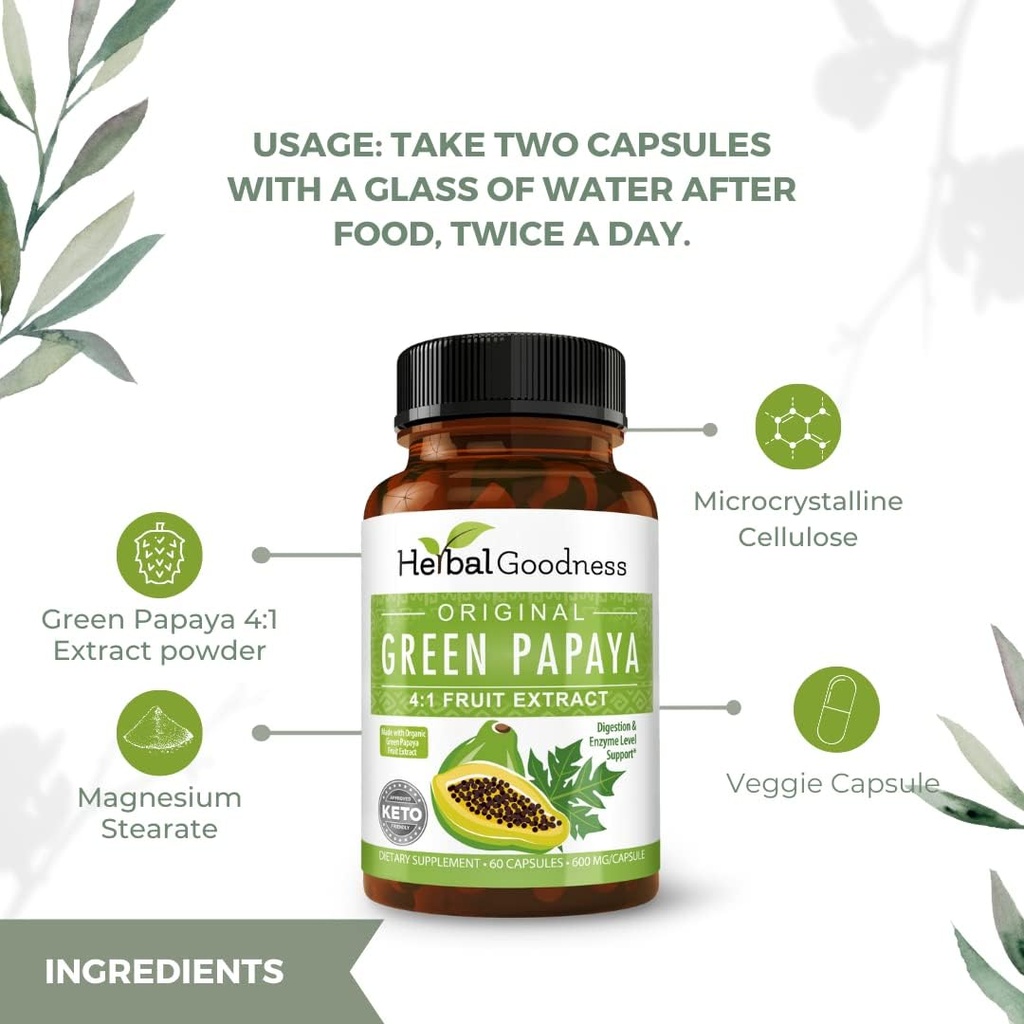Green Papayan Capsules 4X Strength, Organic Papaya Leaf & Fruit Extract for Tromboletit, Ruoansulatuselimistön, Entsyymit, Probiootit, Antioksidantit ... 600 mg, 60 kapselia, asia 12 ...