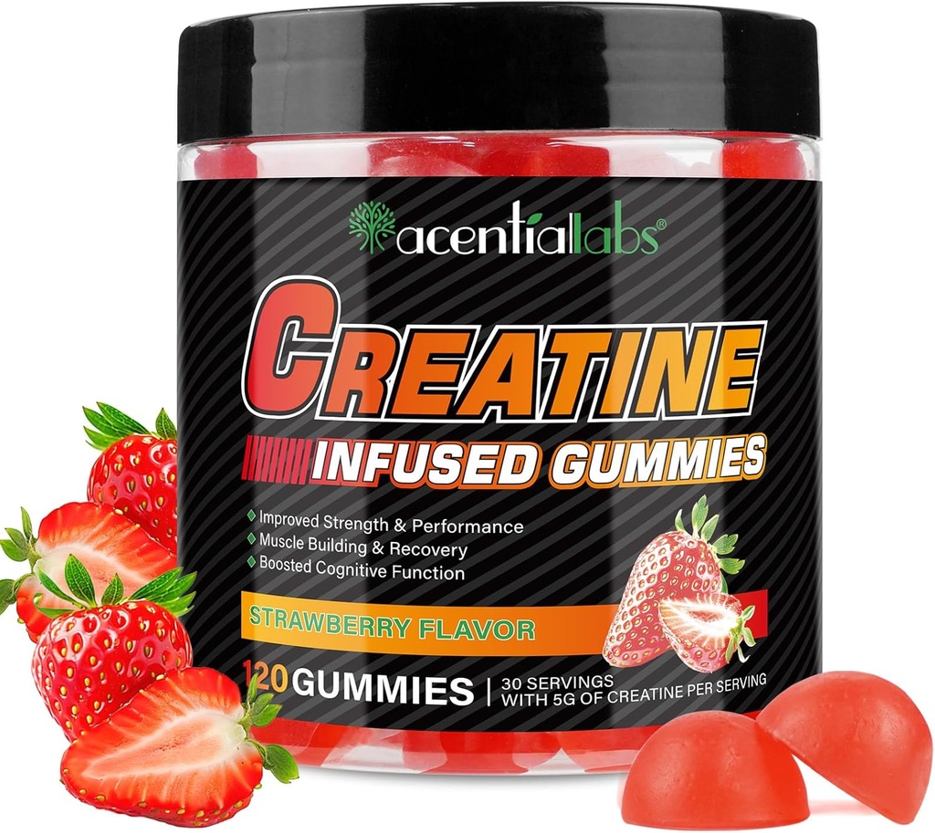 Kreatiini Monohydraatti Gummies 5000 mg miehille ja naisille, kreatiinimonohydraatti, L-tauriini, B12-vitamiini lihaksen kasvua, vahvuutta, keskittyä, energiaa ja terveyttä, sokeriton, vegaaninen, mansikkamaku, 120