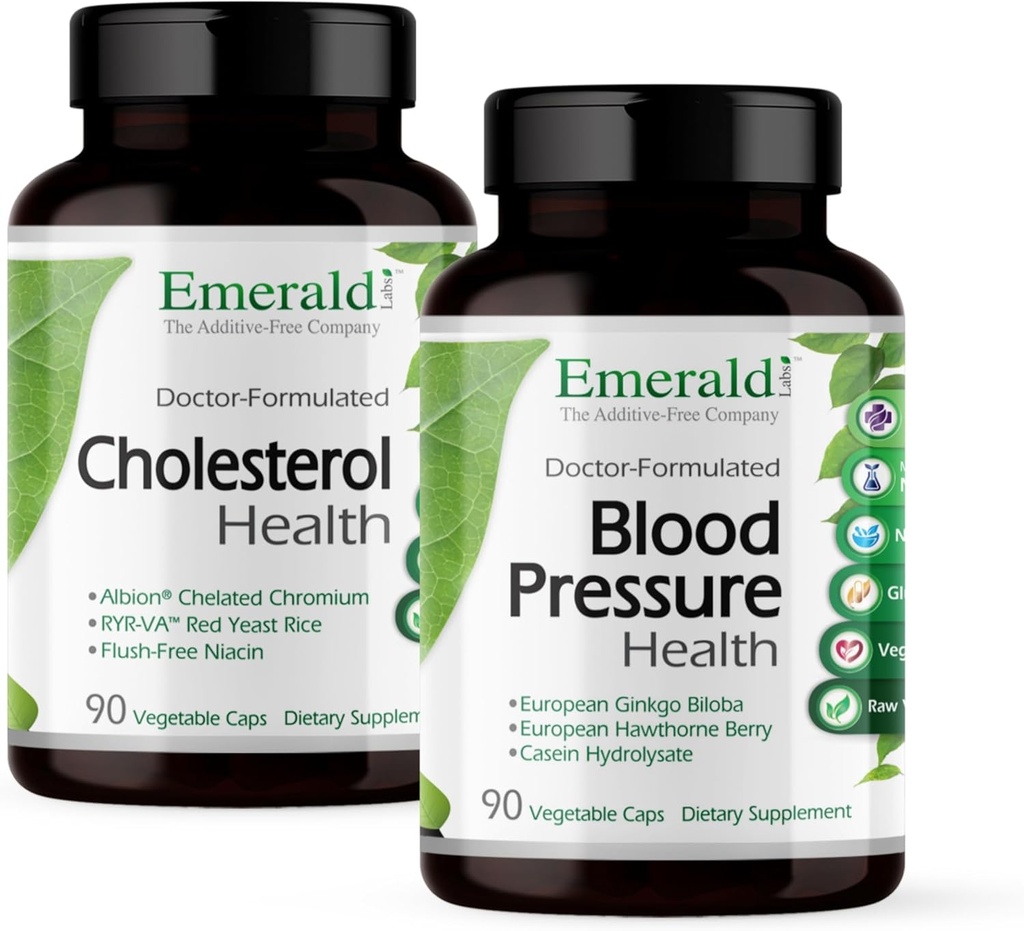 EMERALD LABS Cholesterol Health (90 Caps) & Blodtryckshälsa (90 Caps) - Stöd hjärt- och cirkulationssystem - Stöd blodtrycksnivåer i en normal range - Glutenfri - 30-dagars leverans