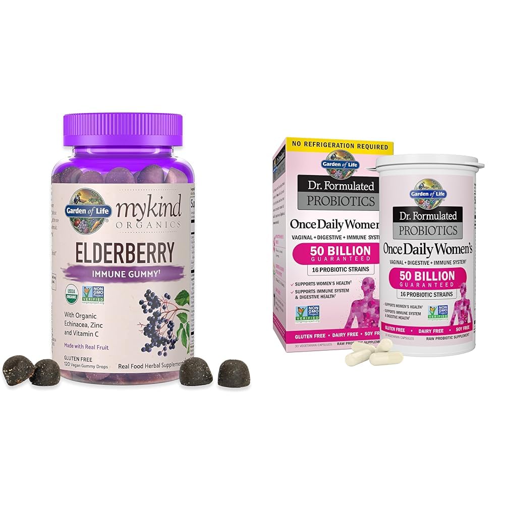 Puutarha Life Organics Elderberry Gummies for Aikuinen & Kids - Immuuni Support Supplement with Organic Fruit &, Dr. Formulated Women's Probiootit Kerran päivässä, 16 kanta, 50 miljardia, 30 kapselia