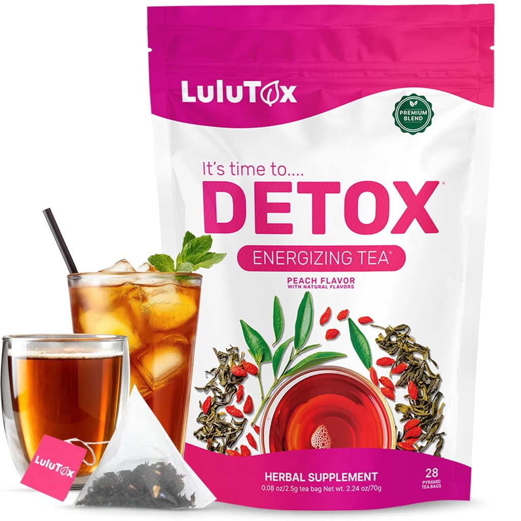 LULUTOX Detox Tea - Slimming Tea with Voikukka ja Ginseng tukemaan tavoitteita Detox Cleanse, Flat vatsa, turvotus, terveellinen paino ja ruoansulatusterveys - naiset ja miehet - Persikka maku (28 tarjoilua)