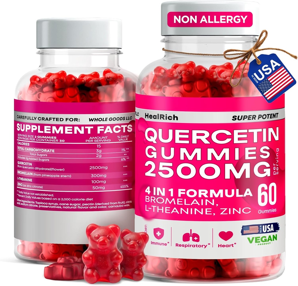 Quercetin Gummies - 2500MG Quercetin kanssa Bromelain L-theanine & Sinkki - puhdas täydentää immuunijärjestelmän keuhkojen ja allergioiden tuki - Immuniteetti Booster Vegan täydentää lapsille ja aikuisille - valmistettu Yhdysvalloissa