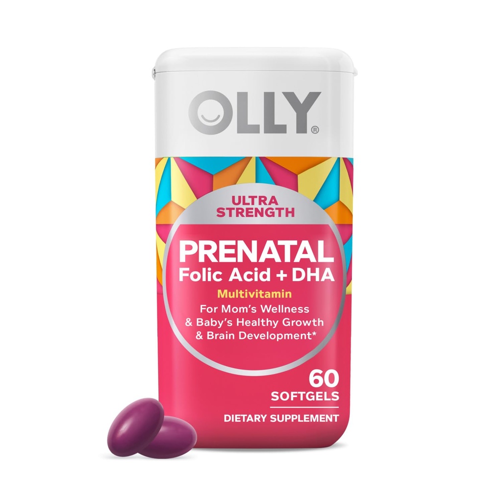 Olly Ultra Strength Prenatal Multivitamiine Softgels, tukee tervettä kasvua, aivojen kehitystä, rautaa, Foolihappoa, DHA, Vitamiinit C, E, 30 päivän tarjonnan 60