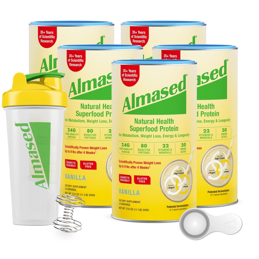 Almased | High Protein Shakes | Meal Replacement Shake | Meal Replacement Powder för viktminskning med Shaker Bottle (Vanilla Flavor, 5 Cans of 17.6 oz + Scoop)