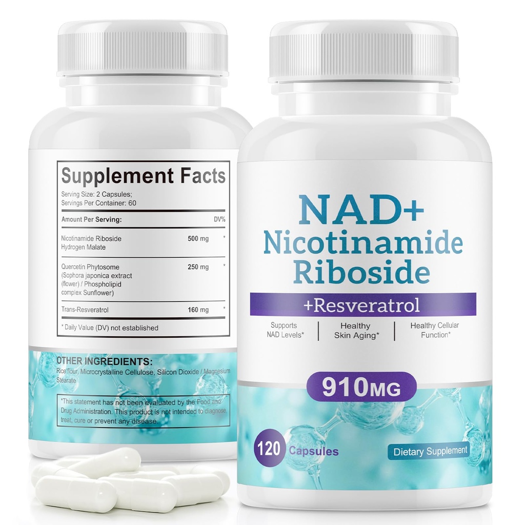 NAD+ Supplement Alternative - Liposomal Nikotinamidi Ribosidi - Resveratrol & Quercetin - Korkea puhtaus NAD lisäravinteet anti-aging, Focus, energia 120 kapselia