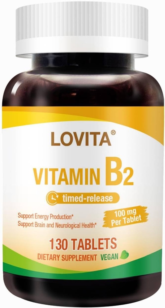Lovita-vitamiini B2 (Riboflaviini) 100 mg, aikakausjulkaisu, 8 tuntia kestävä, tuki aineenvaihdunta & hermoterveys, 130 vegaanitabletti