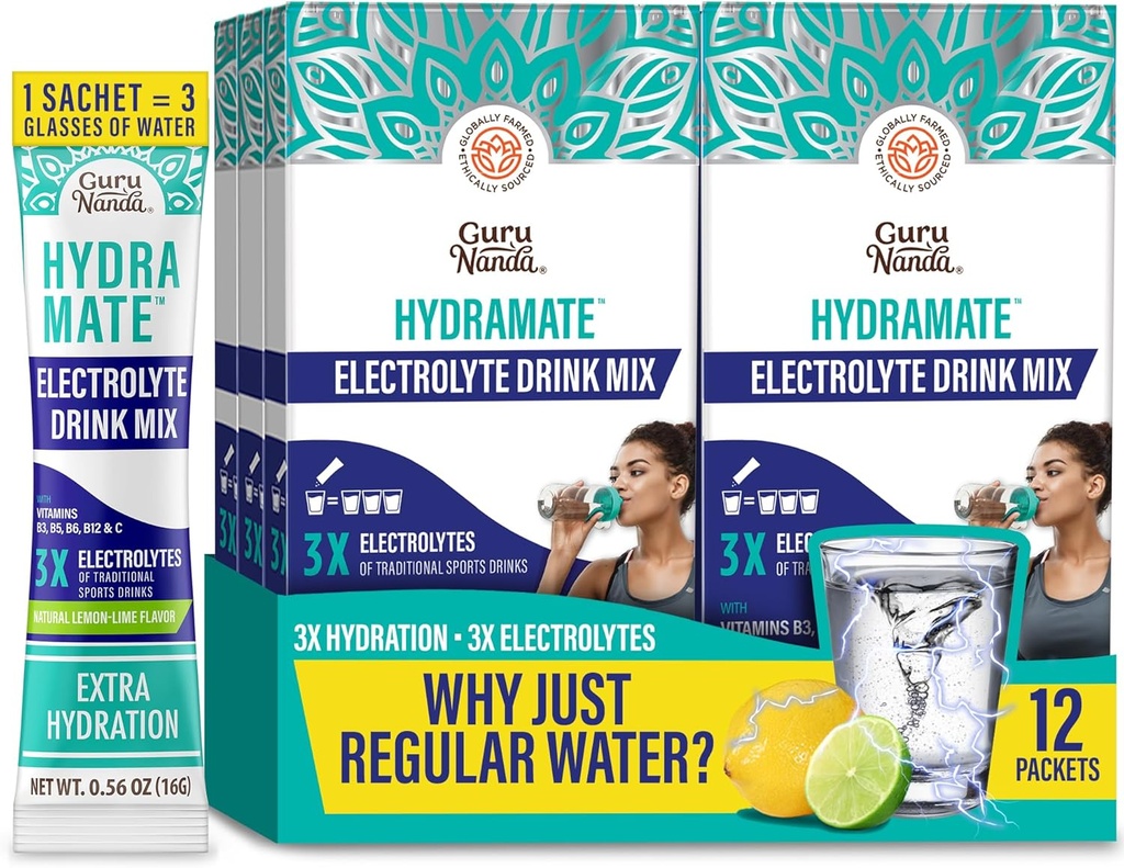 GuruNanda Hydramate Hydratation Support Drink Mix - Electrolyte Powder Packets for Dehydration, Harjoitus ja energia - Ei lisätty makeuttajat, ei-GMO, luonnon sitruunan lime Flavor - 12 Count (0,56 oz Each)