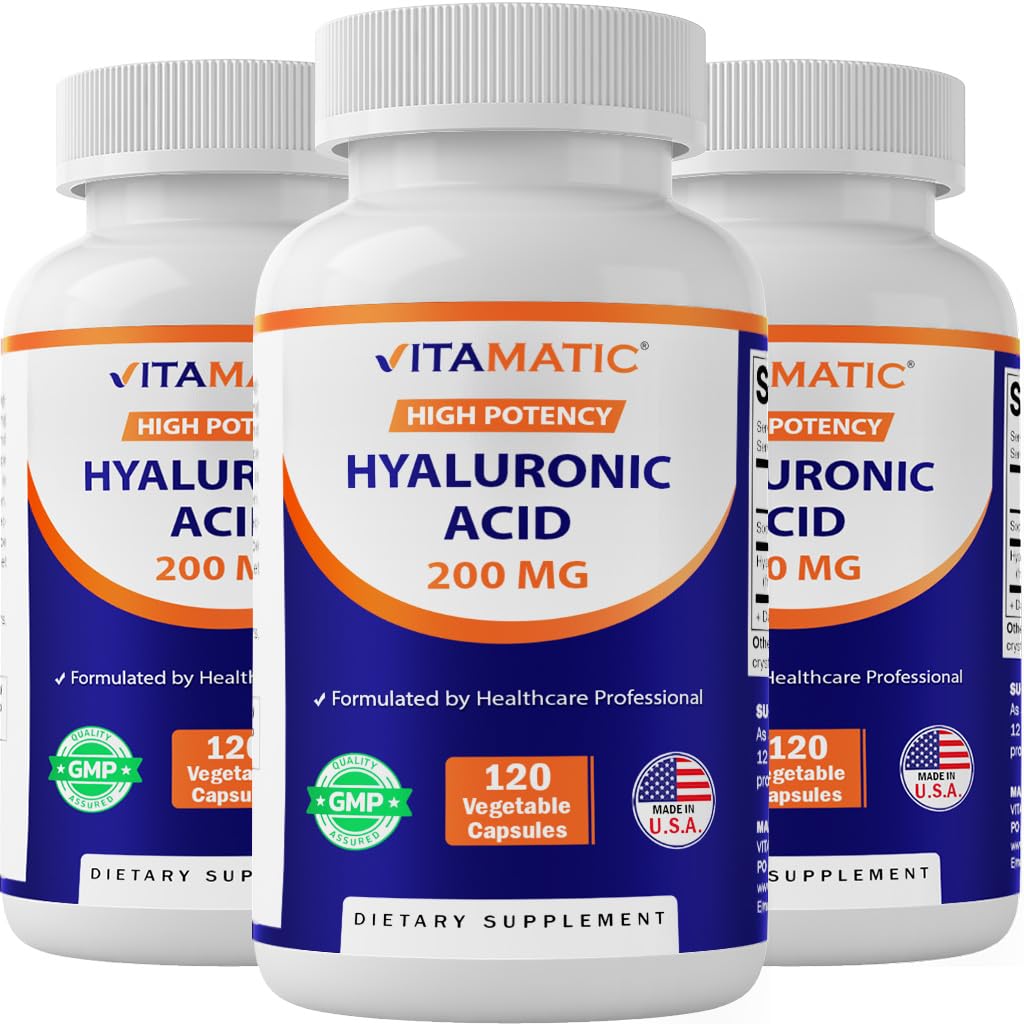 Vitamatic 3 Pack Hyaluronic Acid lisäravinteet 200mg - Tukee terveitä kudokset ja nivelet - edistää nuorten terve iho - Yhteensä 360 kapselia