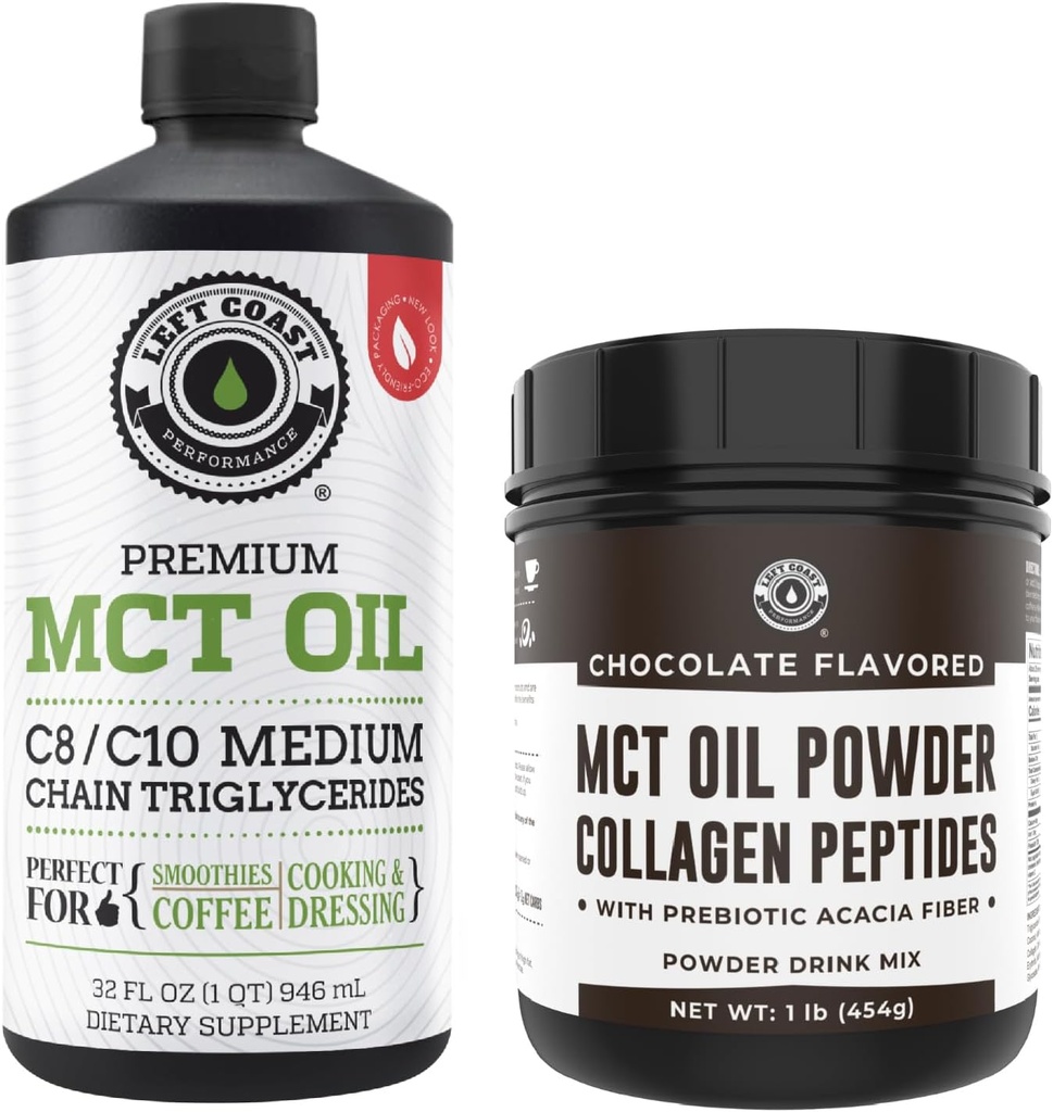 Vasen Coast Performance 100% Coconut MCT Oil Liquid, 32oz + Chocolate Keto MCT Powder, Collagen & Prebiotic Fiber, 16oz