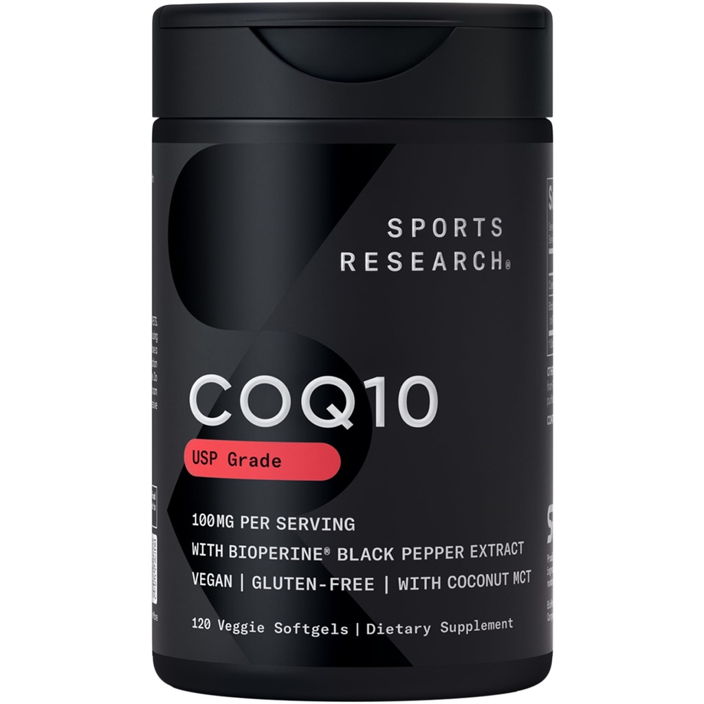 Sportforskning Q10 (100mg) Förbättrad w / kokosnötolja och bioperin (Black Pepper) för bättre absorption | Vegan certifierad, icke-GMO verifierad (120 Veggie Softgels)