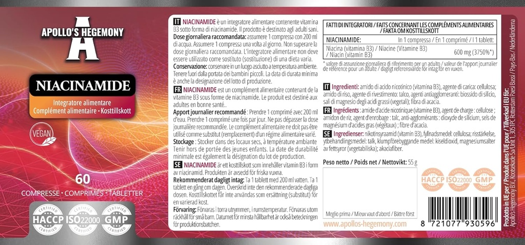 APOLLO's HEGEMONY Niacinamide 500 mg per tabletti - 60 Vegaanitablettia - 2 kuukauden tarjonta - tukee energiaa ja hermojen toimintaa - B3-vitamiinin ruokavalio täydentää