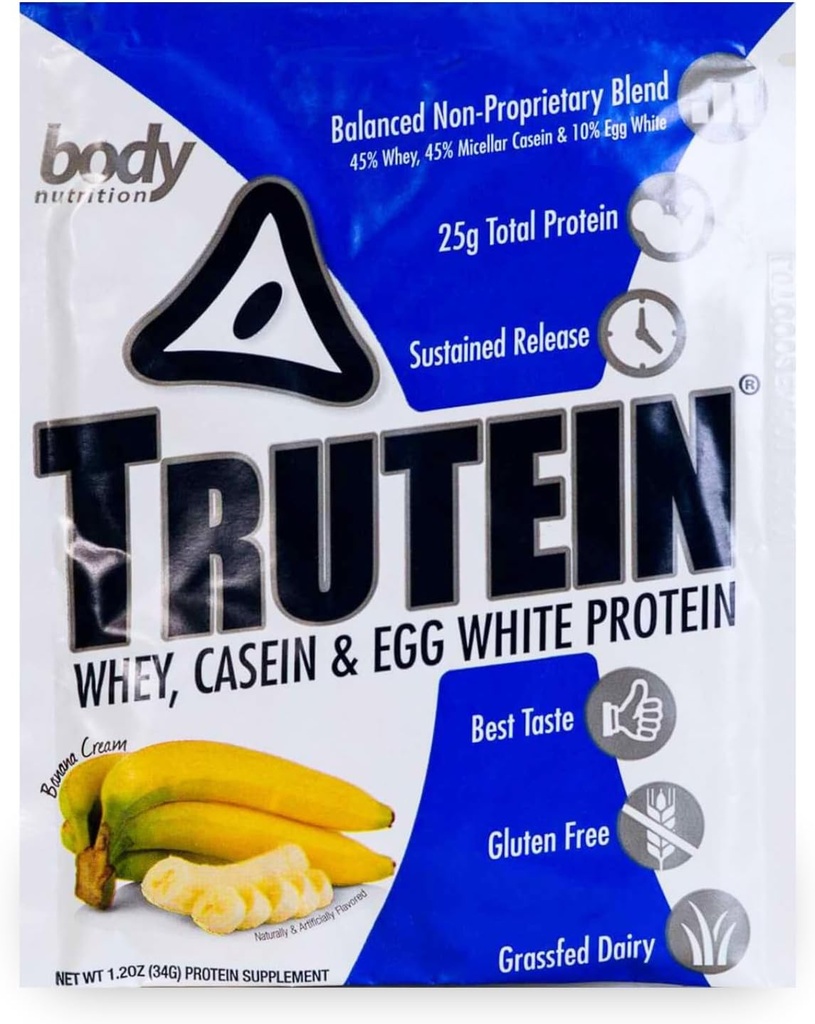 Body Nutrition Trutein High Protein Powder: 45% Whey, 45% Kaseiini, 10% Muna Valkoinen, Gluteeniton, Matala natrium, Grass Fed Whey Protein Powder, kuntosali Supplement & Breakfast Shake, banaani Cream, 34g Näyte